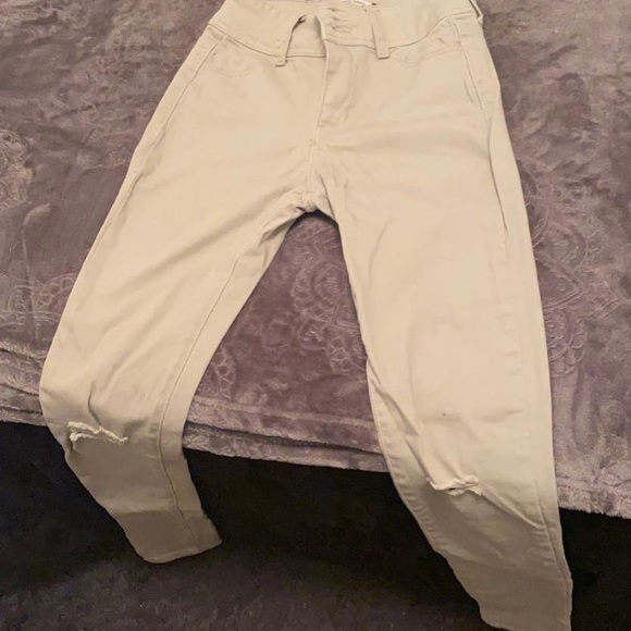 Pistachio/Grey high waisted jeggings w, rips - Picture 1 of 3